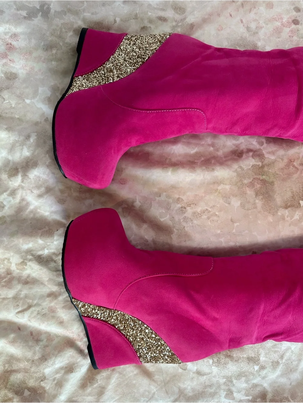 Women's Fuchsia Knee-High Wedge Boots with Glitter Accent